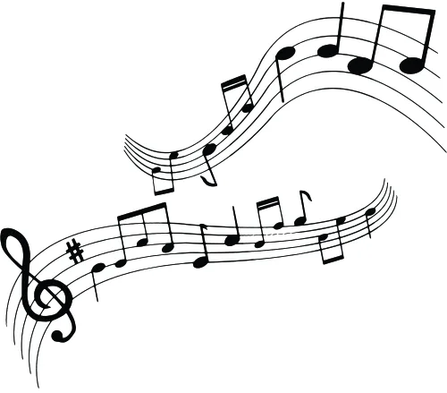 Black line art showing musical notes and staff lines flowing in a curved, ribbon-like pattern with a treble clef on the left side.