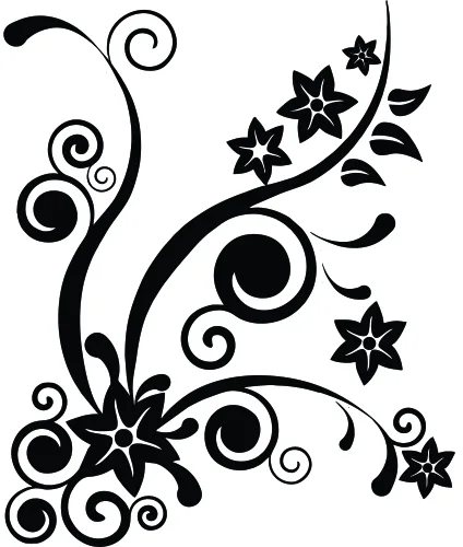 Black silhouette of ornamental vines with swirling scrollwork and small four-pointed stars scattered throughout on a white background.