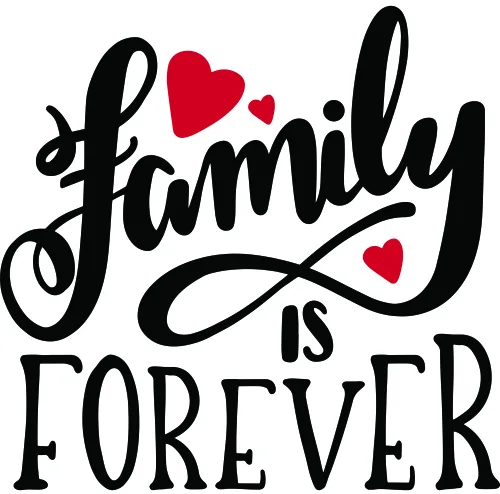 Black script text reading 'family is forever' with small red hearts, on a white background.