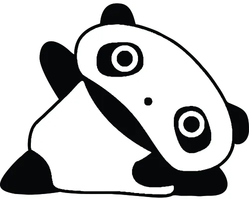 A stylised black and white panda lies on its side, tilting its head upward with a quizzical expression.