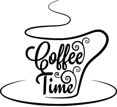 A black line drawing of a steaming coffee cup with 'Coffee Time' written in decorative script, surrounded by ornamental flourishes and swirls.
