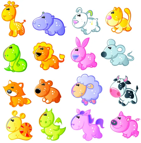 Sixteen cartoon baby animals in bright colours arranged in a four-by-four grid, including giraffes, hippos, rabbits, lions, snakes, sheep and a cow, each with cheerful expressions.