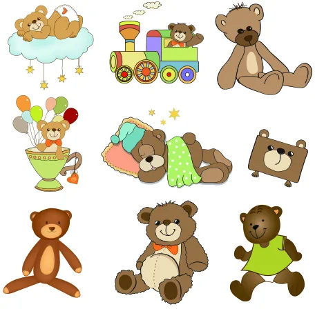 Nine illustrated teddy bears in different scenes, including bears on a cloud with stars, in a toy train, with balloons, sleeping under a blanket, and standing alone in various outfits.