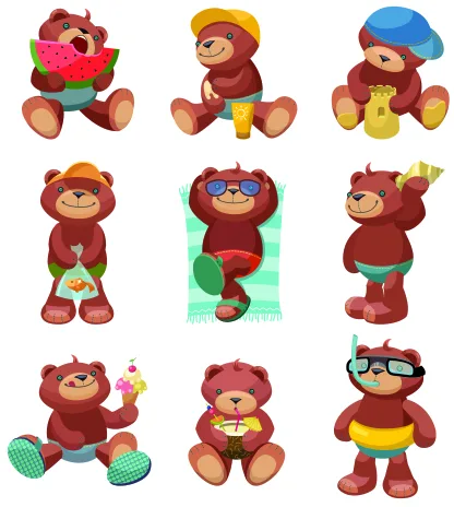 A grid of nine cartoon teddy bears in burgundy and brown, each wearing different clothes or holding small objects, arranged in three rows of three.