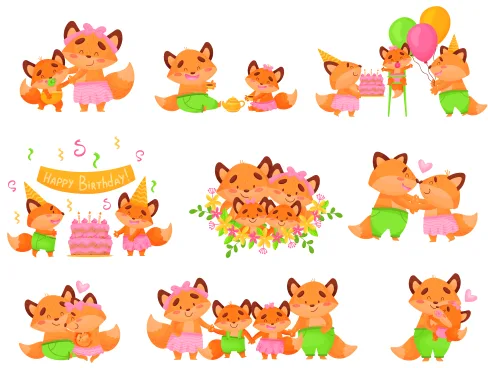 Nine illustrated orange foxes in various coloured outfits arranged across the print, some holding balloons, one with a birthday cake, all with happy expressions.