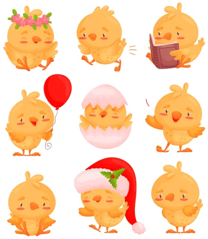 Nine illustrated yellow chicks in different activities: wearing flower crown, holding book, holding balloon, sitting, in basket with pink bow, with raised wing, sitting down, wearing Santa hat with holly, and standing cheerfully.