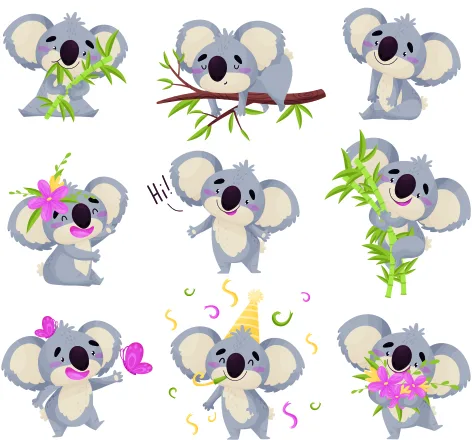 Nine illustrated koalas in various playful poses, some holding or surrounded by green bamboo leaves, set against a cream background.