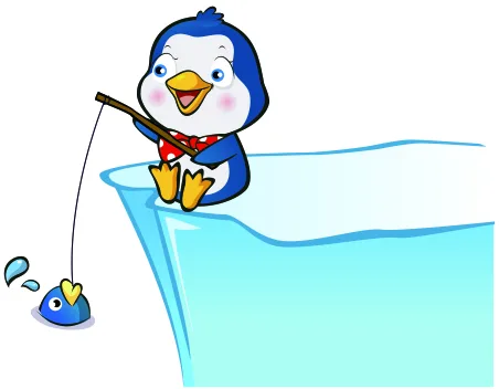 A cartoon penguin with a bright yellow beak sits contentedly fishing in a light blue pool, with a tiny fish on the line below.