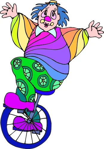 A cartoon character with blue hair wearing rainbow-coloured clothing rides a unicycle with outstretched arms and a wide smile.