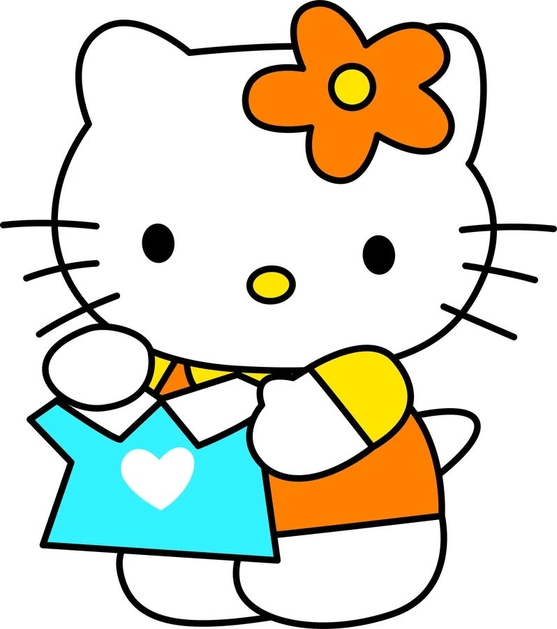 Cartoon illustration of Hello Kitty wearing a turquoise dress with a white heart, orange shorts, and an orange flower in her hair.