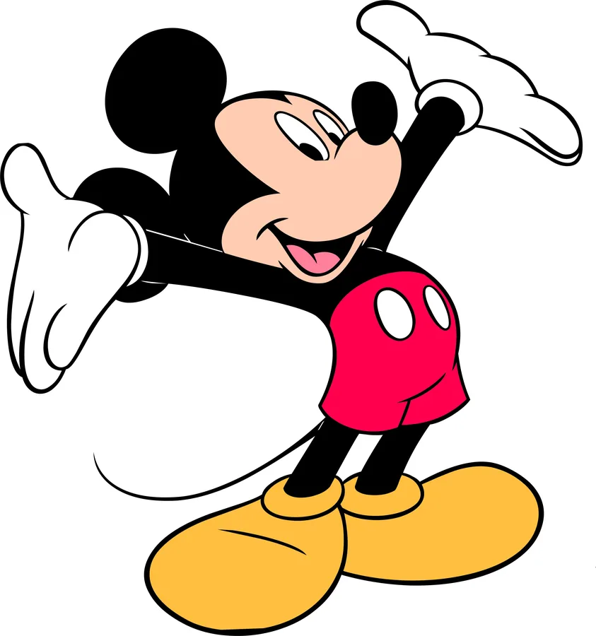Mickey Mouse illustrated in his classic pose, jumping with one arm raised and a wide smile, wearing red shorts and yellow shoes.