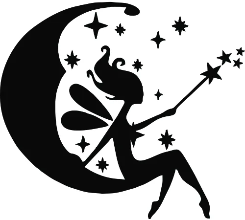 Black silhouette of a fairy sitting on a crescent moon, holding a wand that trails stars across a white background.