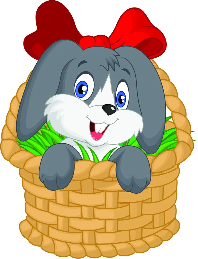 Cartoon illustration of a grey and white rabbit with blue eyes and a red bow sitting inside a woven basket with green decorative elements.