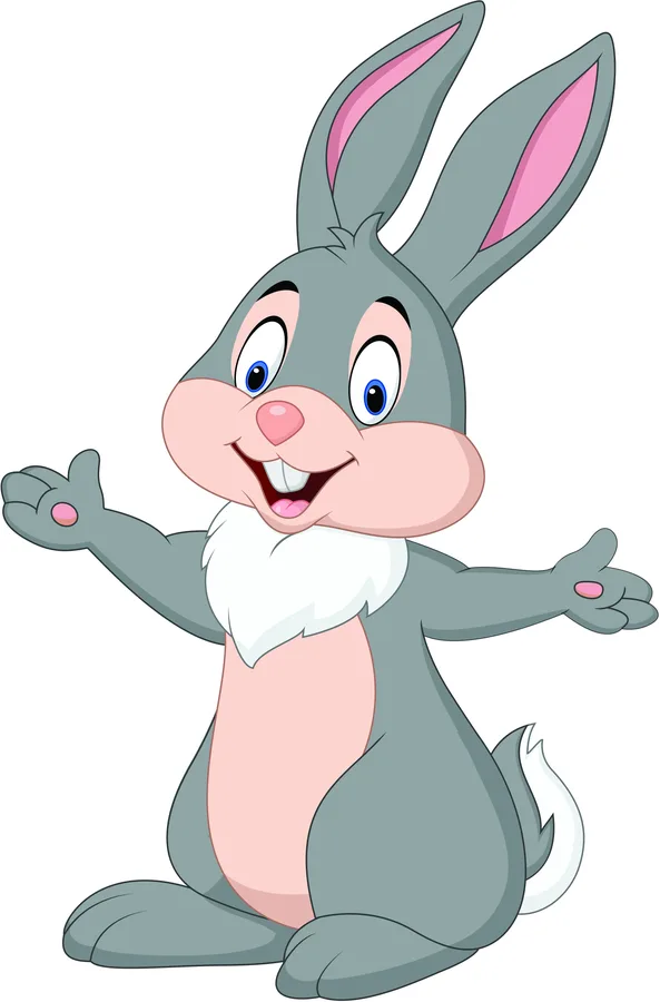 A cartoon rabbit with grey fur, pink inner ears, and a cream belly grins widely with both arms outstretched in welcome.