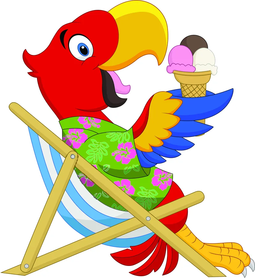 Cartoon illustration of a bright red parrot sitting in a blue and white striped deck chair, holding an ice cream cone in its beak.