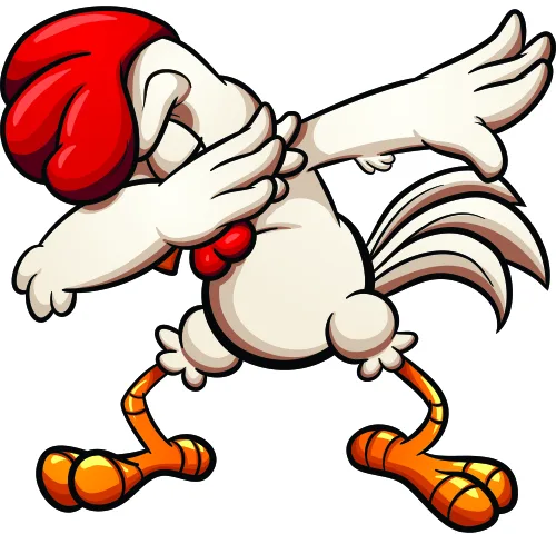A cartoon rooster wearing red boxing gloves strikes a punching pose with orange feet.