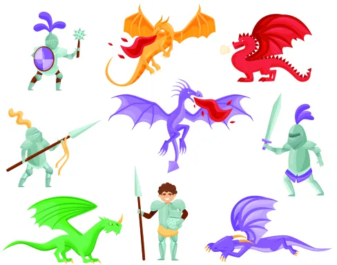 A cartoon illustration of a small child knight with a sword surrounded by eight friendly-looking dragons in various bright colours.