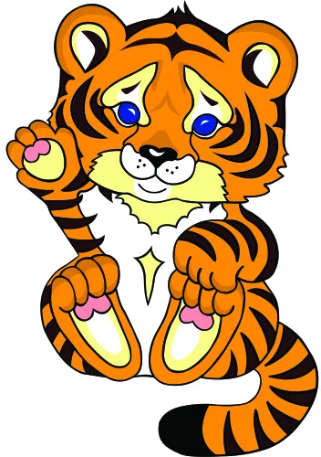 A cartoon illustration of a smiling orange tiger cub with black stripes, blue eyes, and a raised paw in a friendly wave.