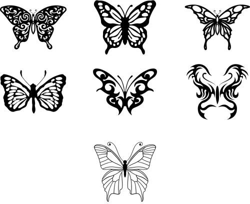 Seven black and white butterfly designs arranged in rows, ranging from intricate patterned silhouettes to simple outlined forms.