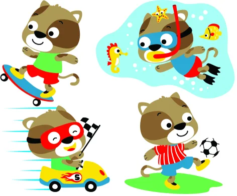 Four cartoon raccoons engaged in different activities: one skateboarding, one flying as a superhero, one in a toy car, and one playing football.