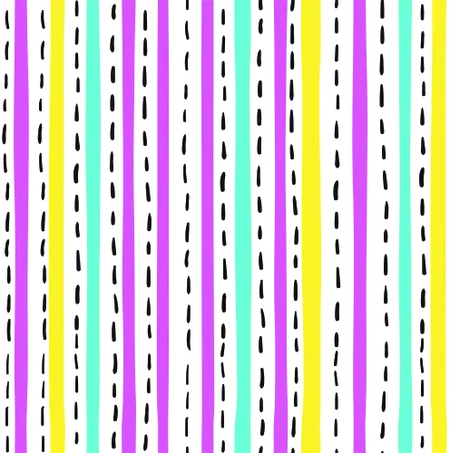 A seamless wallpaper pattern of vertical stripes in purple, yellow, teal and cream, each stripe interrupted by short black dashed lines.