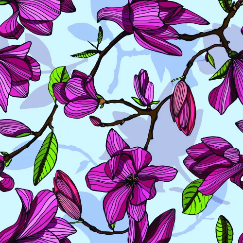 A seamless wallpaper pattern of large magenta flowers with striped petals, dark branches, and bright green leaves against a pale blue background.