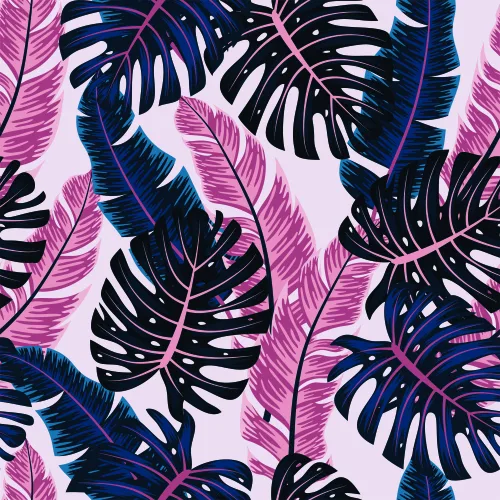 A seamless wallpaper pattern featuring stylised monstera leaves in hot pink, navy blue and black arranged across a pale lavender background.