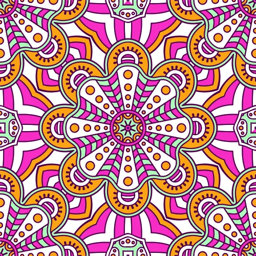 A symmetrical mandala wallpaper featuring interlocking flower and geometric shapes in magenta, gold, yellow, cream and lime green radiating from a central point.