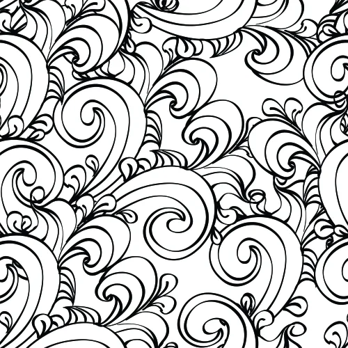 A seamless wallpaper pattern of interlocking black baroque scrolls and curved flourishes on a white background.
