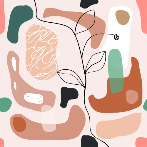 A continuous line drawing of a branching plant with leaves weaves through abstract rounded shapes in warm neutral and muted green tones on a cream background.