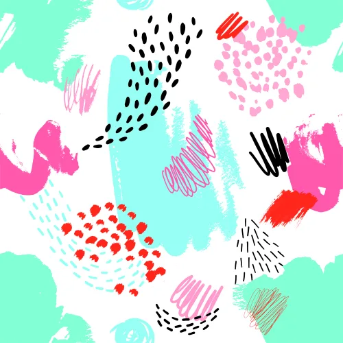 Seamless wallpaper pattern of varied abstract marks including dashes, dots, scribbles and brushstrokes in pink, red, black and teal on a white and pale green background.