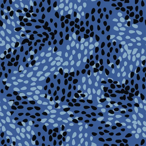 A seamless wallpaper pattern of irregular black and white dots scattered across a slate blue background in an overlapping, abstract arrangement.
