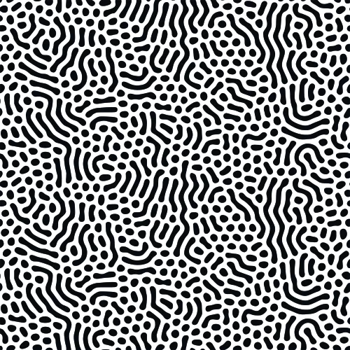 A seamless repeating pattern of black organic squiggles and dots on a white background.