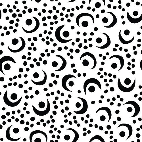A seamless pattern of black crescent shapes and scattered dots of varying sizes arranged randomly across a white background.