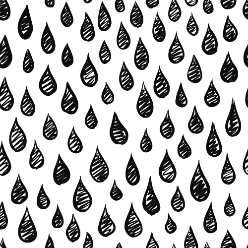 A repeating wallpaper pattern of black hand-drawn raindrops with horizontal stripe details on a white background.