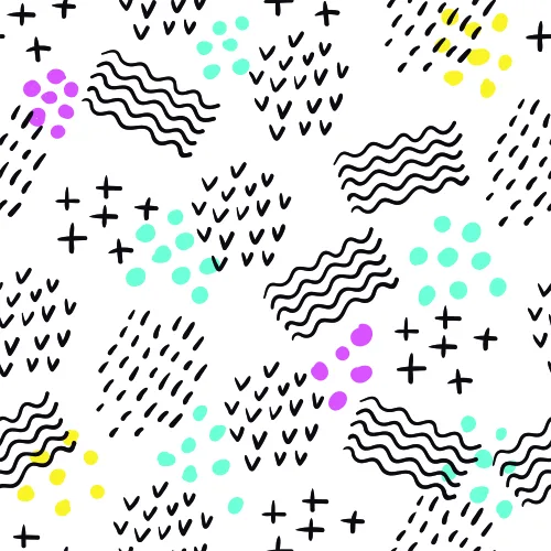 A seamless pattern of black hand-drawn crosses, wavy lines, dashes and small dots scattered across a cream background, with accents of cyan, yellow and purple.
