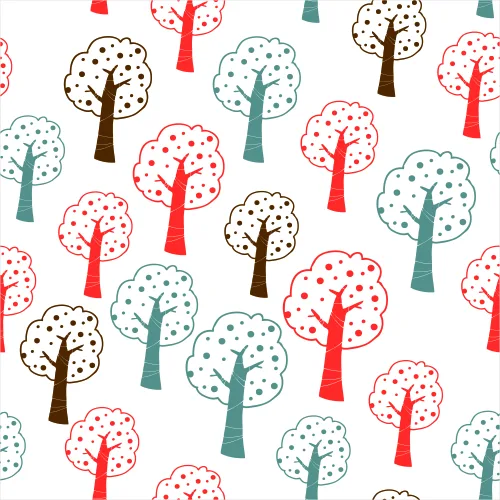 A repeating wallpaper pattern of stylised trees with dotted canopies in red, teal, brown and cream on a white background.