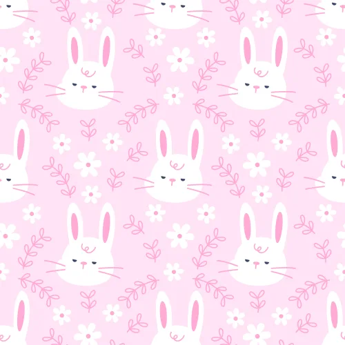 Repeating pattern of white cartoon rabbits with pink ears surrounded by small white flowers and pink botanical leaf sprigs on a pale pink background.