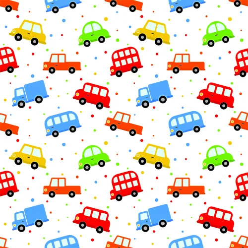 A seamless wallpaper pattern featuring illustrated toy vehicles in red, blue, yellow and green colours scattered across a white background with small coloured dots.