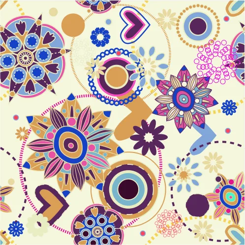 A seamless wallpaper pattern featuring purple, blue and pink hand-drawn mandalas and geometric flowers in gold and cream, arranged across a pale background.