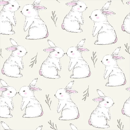 Repeating pattern of hand-sketched rabbits with pink ears and simple botanical accents on a cream background.