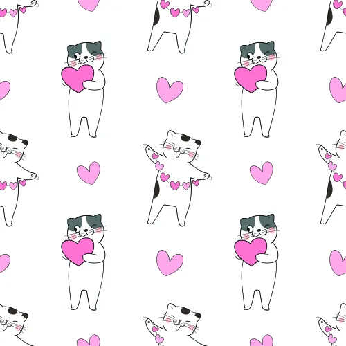 A seamless pattern of hand-drawn cats in various poses, each holding or surrounded by bright pink hearts on a white background.