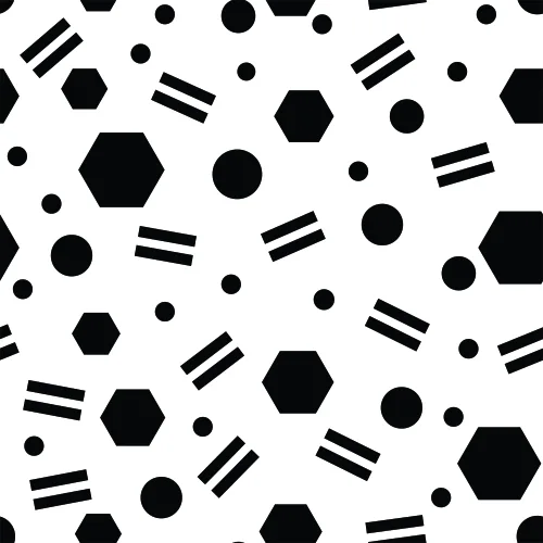 A seamless repeating pattern of black hexagons, circles, and horizontal stripe pairs scattered across a white background.