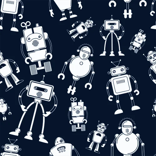 White line-drawn robots of various shapes and sizes scattered across a dark navy background, each with distinctive features like antennae, screens, and mechanical limbs.