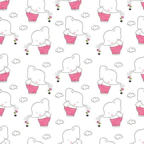 Repeating pattern of cartoon elephants in pink hot air balloons with small clouds on a cream background.