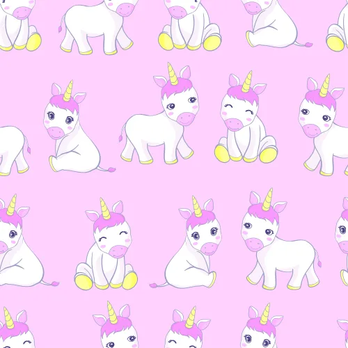 Seamless pattern of white cartoon unicorns with pink manes, purple wings, and golden horns scattered across a pink background.