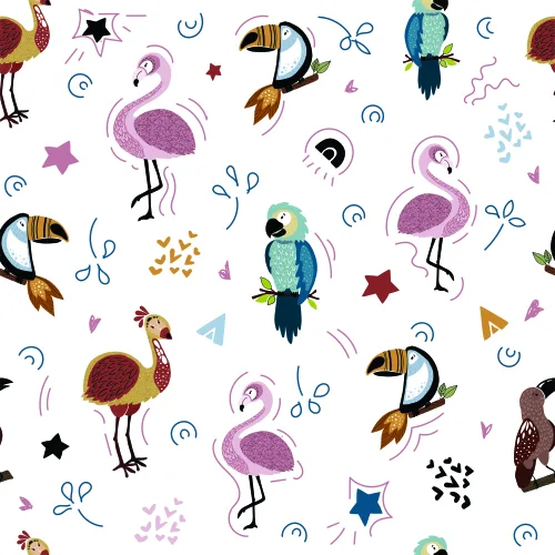 Watercolour-style illustration of purple flamingos, colourful parrots, and toucans scattered across a cream background with stars, moons, and decorative swirls.