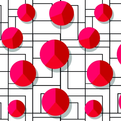 A repeating wallpaper pattern of bright pink and red 3D spheres arranged across a black and white grid background.