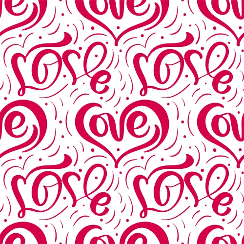 Repeating seamless pattern of the word 'love' in red flowing cursive lettering with decorative swirls and dots on a white background.