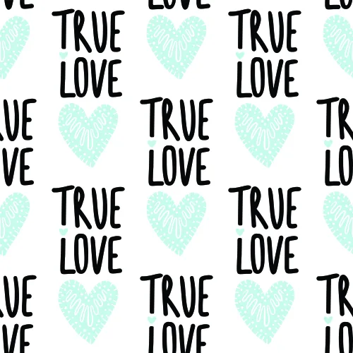 A seamless wallpaper pattern featuring the words 'True Love' in black capital letters interspersed with turquoise outline hearts on a white background.